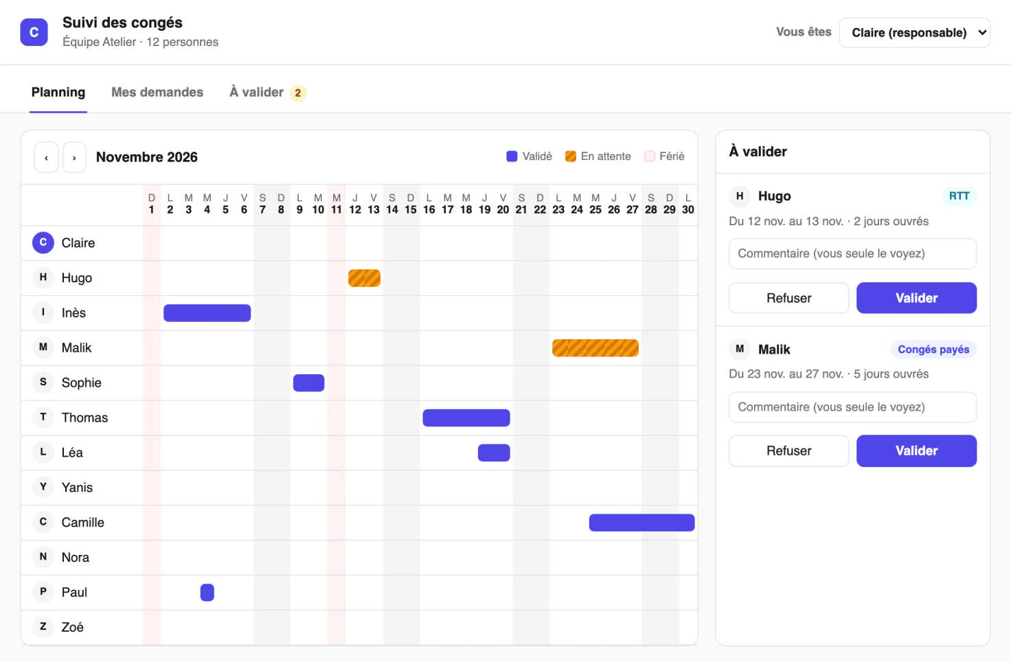 Capture de l’outil de suivi des congés créé avec Claude Code : le planning de novembre 2026 de douze personnes, avec les absences validées en violet, les demandes en attente hachurées en orange, les week-ends et les jours fériés grisés, et à droite deux demandes à valider avec les boutons Refuser et Valider.